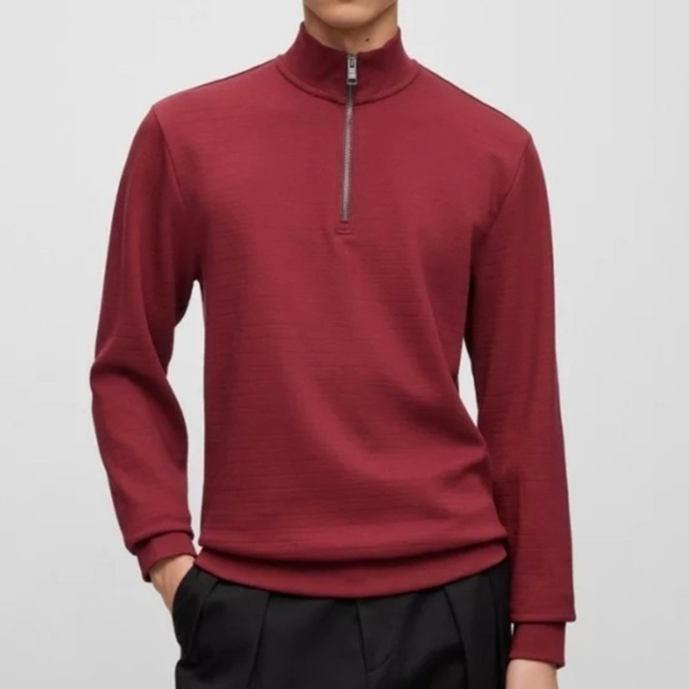 Hugo Boss Zip Neck Sweatshirt Mercerized Cotton Jacquard